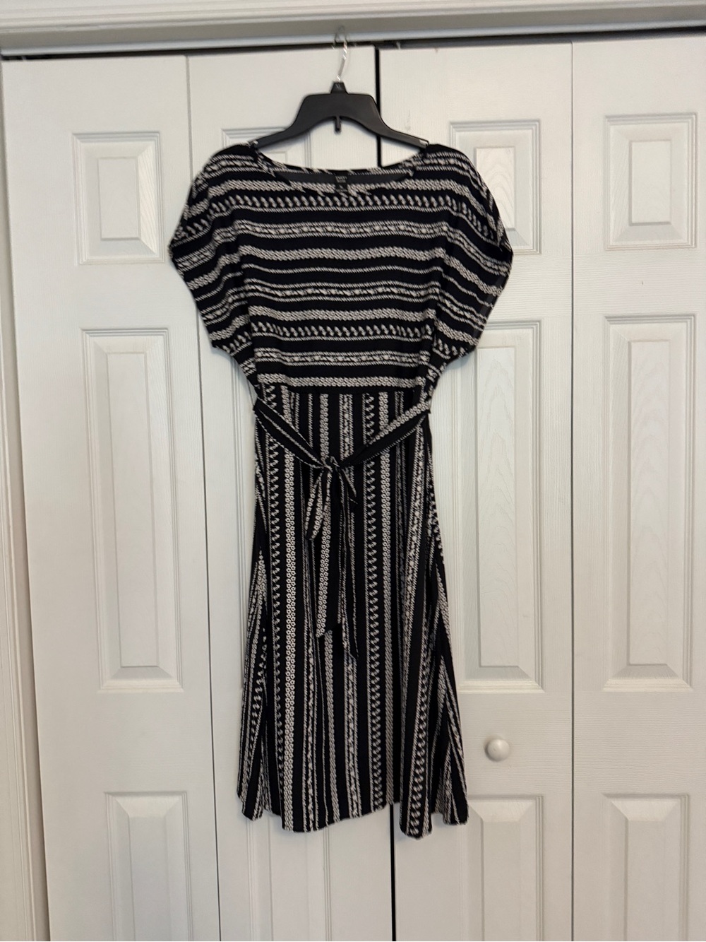 SHEIN Black and White Striped Tie-Waist Midi Dress